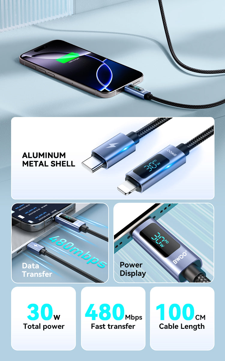 BWOO 30W Braided Type-C to Lightning Cable 1m