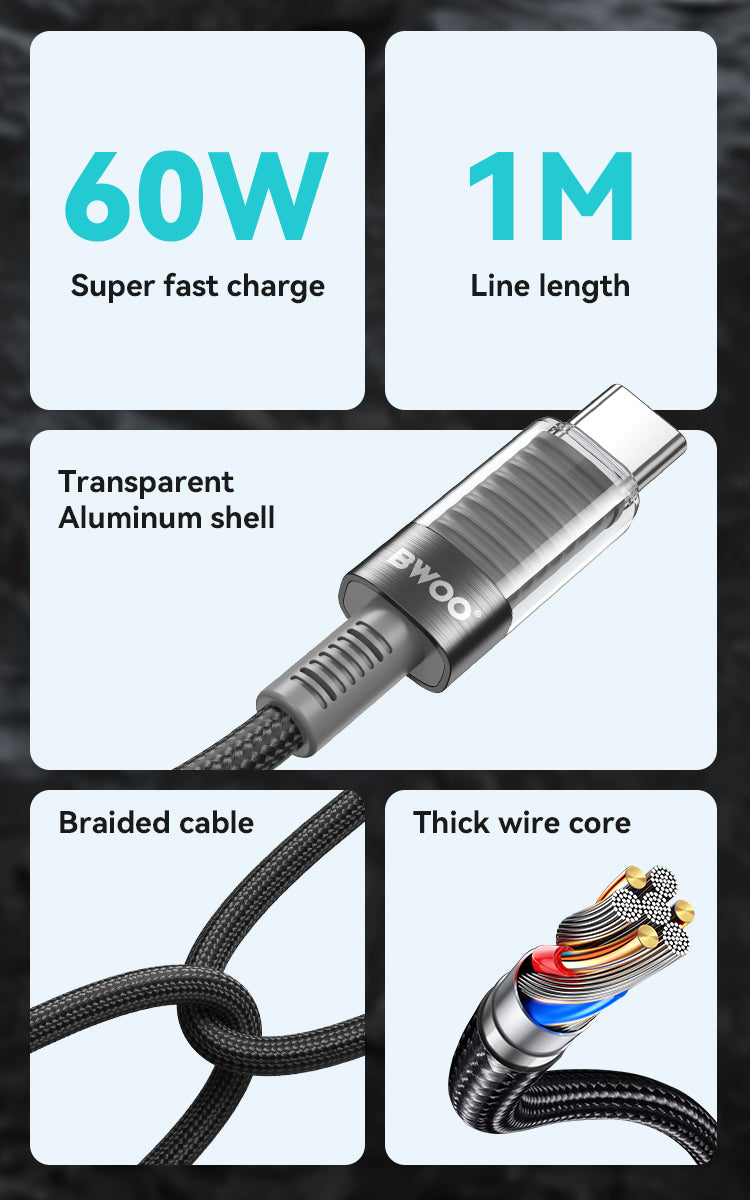BWOO 60W 16-Spindle Braided Type-C to Type-C Cable 1m