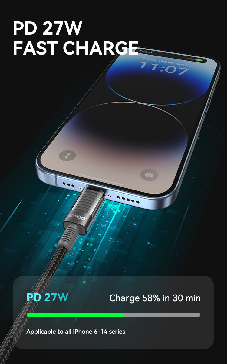BWOO 30W 16-Spindle Braided Type-C to Lightning Cable 1m