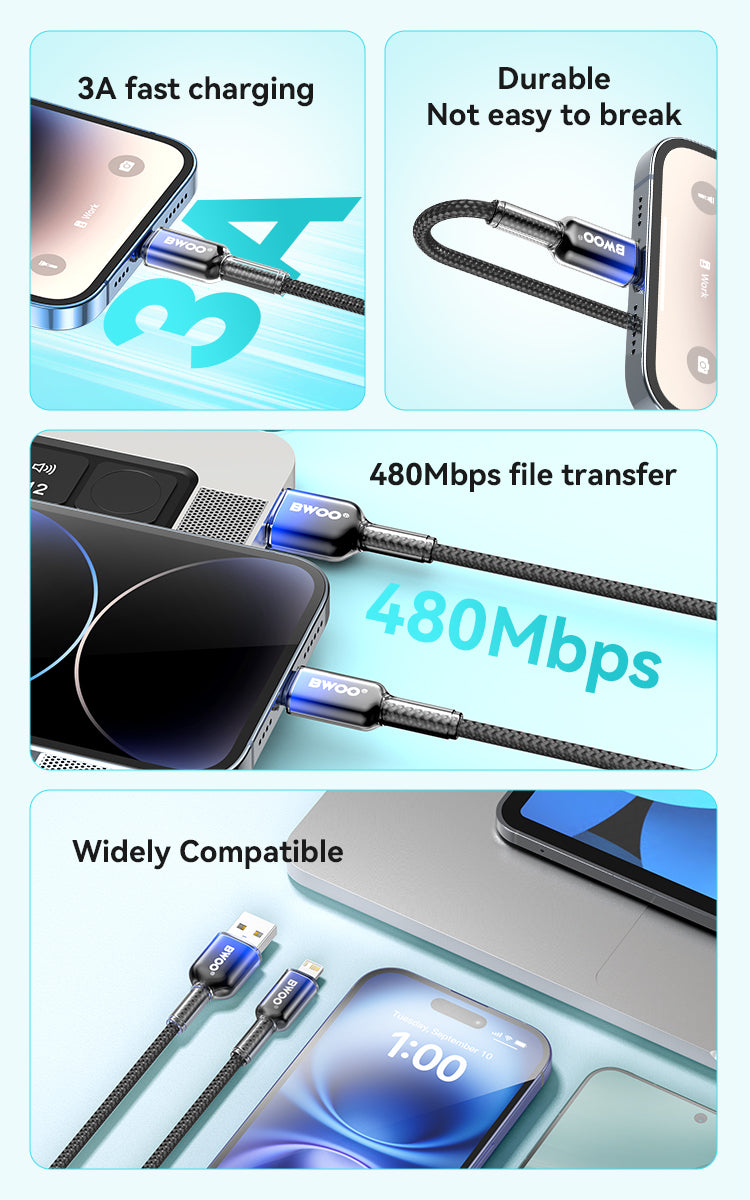 BWOO 15W USB-A to Lightning Nylon Braided Cable 1m
