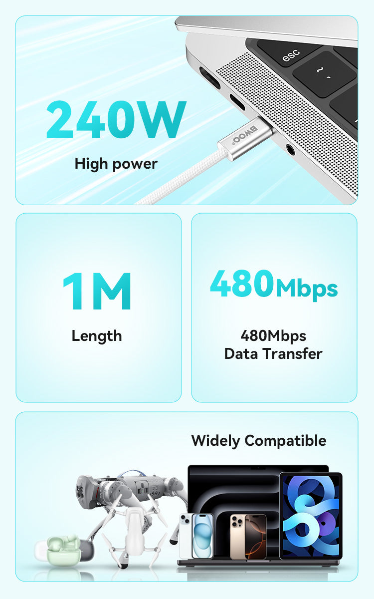 BWOO 240W Rainbow Braided Type-C to Type-C Cable 1m