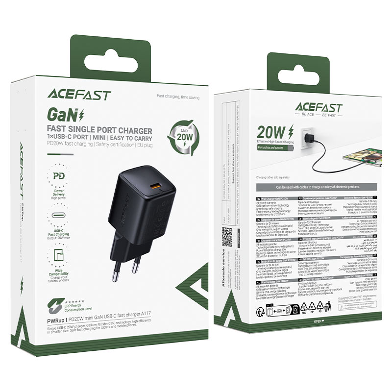 ACEFAST Fast Charge Wall Charger A117 PD20W GaN (1xUSB-C) EU with cable c-c