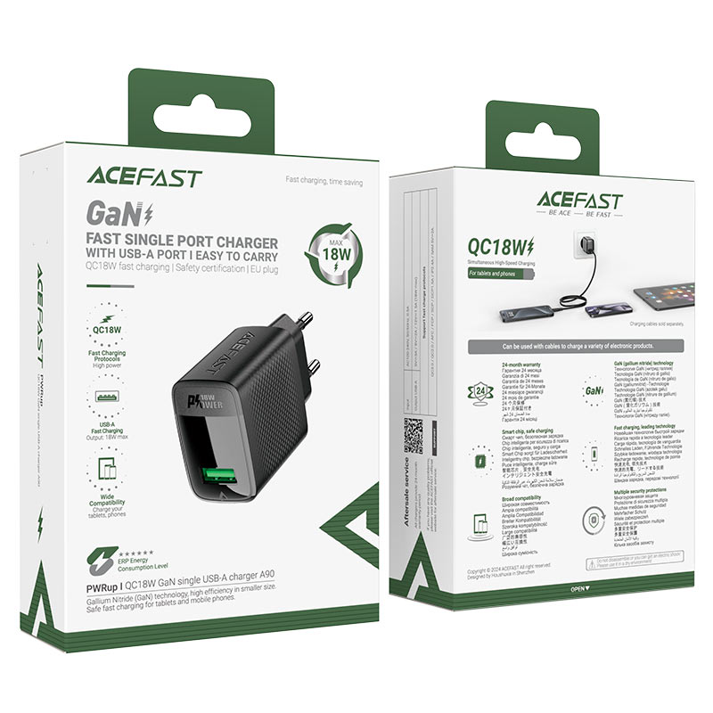 ACEFAST Fast Charge Wall Charger A90 QC18W GaN (1xUSB-A) EU with 1.2m USB-A to USB-C charging cable