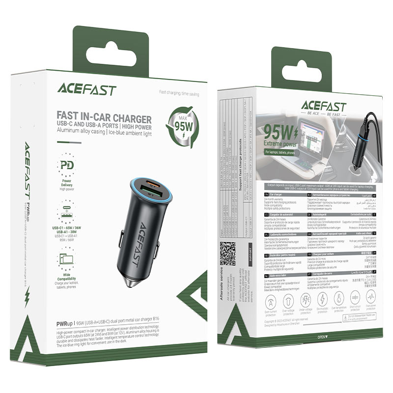 ACEFAST Fast Charge Car Charger B16 95W (1xUSB-C + 1xUSB-A) with C to C fast charging cable